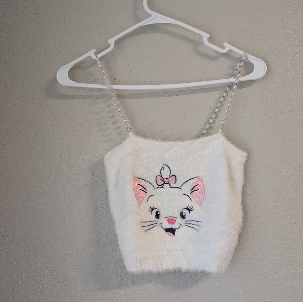 Disney Forever 21 Collab Fuzzy Aristocats Crop Top S White Pink Pearls Furry